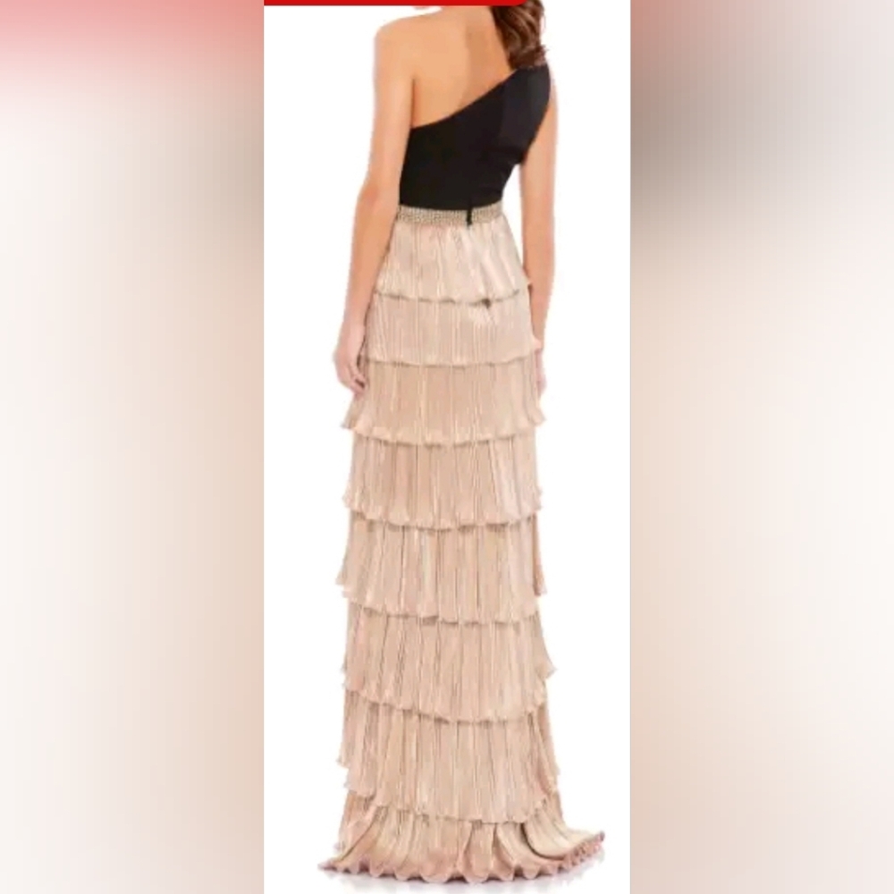 Mac Dugga Ieena Metallic One Shoulder Ruffle Tiered Gown Black Gold Sz 4 NWT - Picture 3 of 13